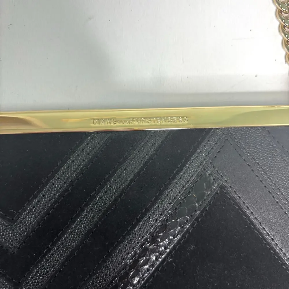 DVF Soirée Tuxedo Bag Black Leather, Suede Gold Chain